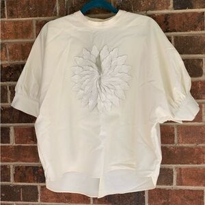 byCQ Women's White Embroidered Flower Puff Short Sleeve Round Neck Button Blouse